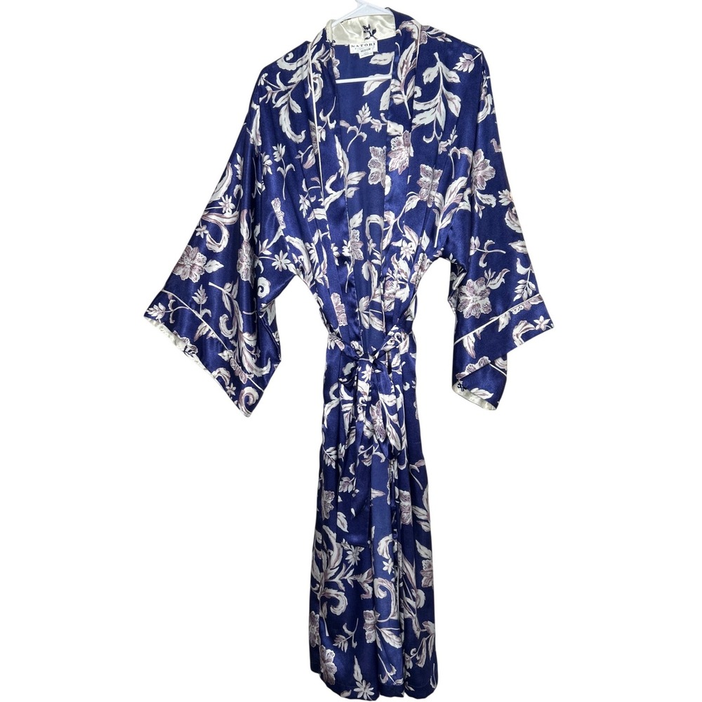 Vintage Natori Classics Blue Floral Satin‎ Long Pattern Robe Kimono Wrap Medium